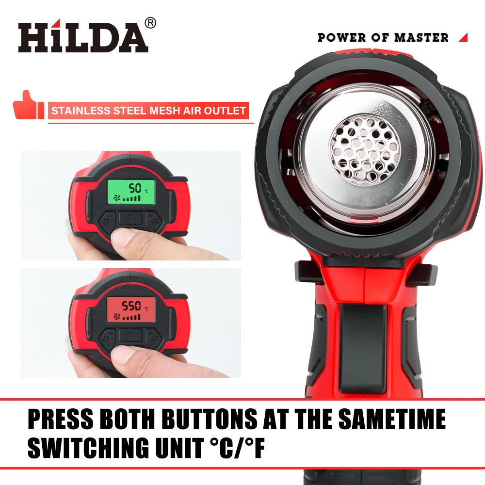 HILDA 21V Cordless Hot Air Gun Adjustable Temperature Rechargeable Handheld Heat Gun with Nozzles Compatible for Makita Battery