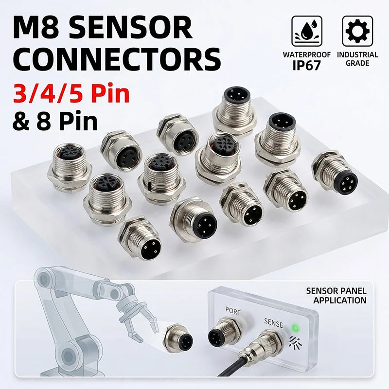 M8 A-Coded Sensor Connector – Panel Back Mount Waterproof Flange Socket & Plug, 3/4/5 Pin Male & Female Threaded Coupling