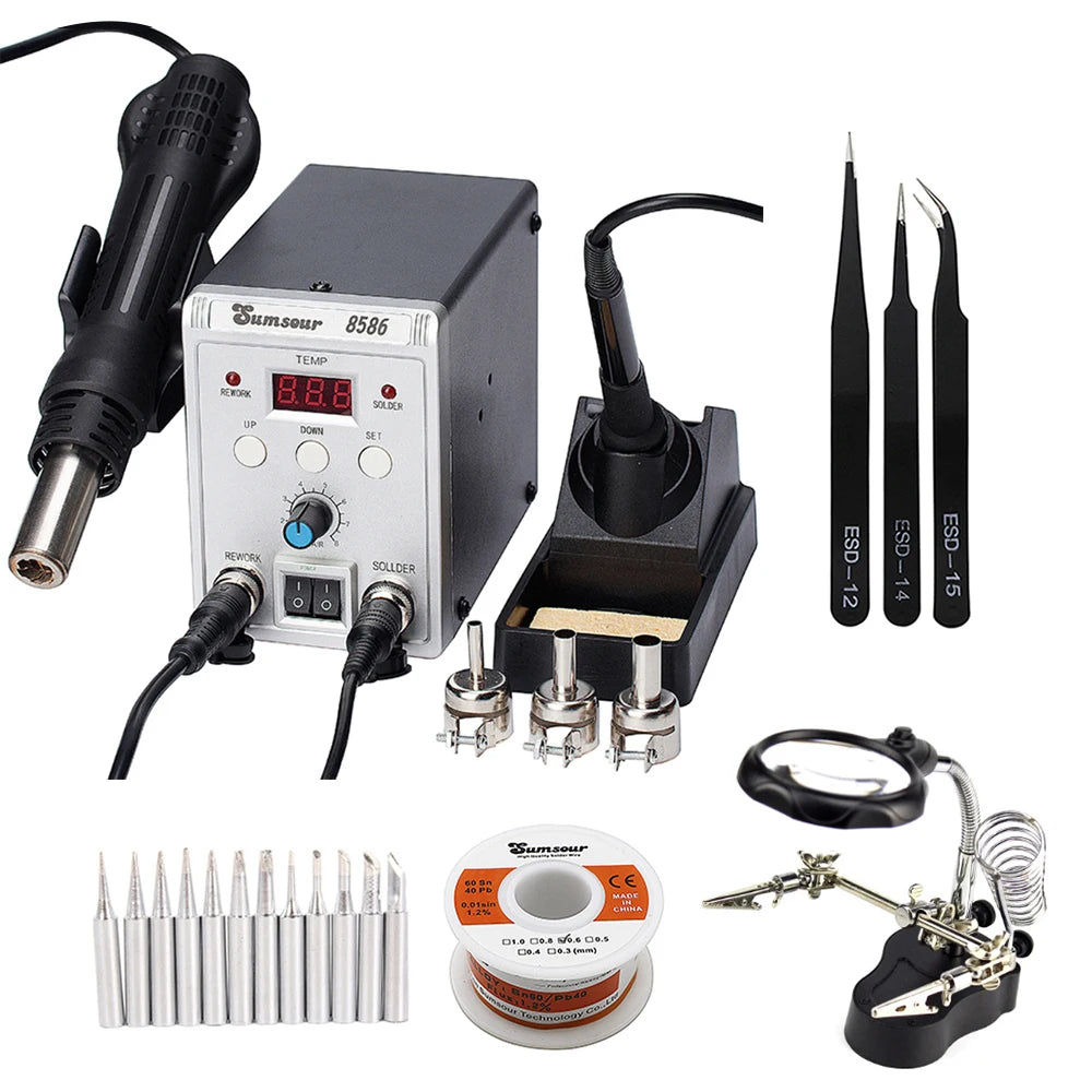 2 in 1 Soldering Station 8586  Digital Display SMD Rework Hot Air Gun Solder Iron 220V ESD Welding Desoldering Repair Tools