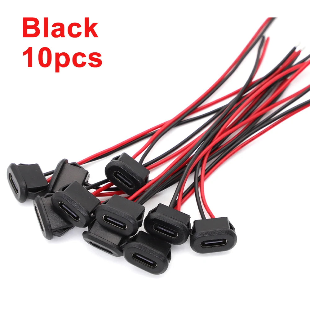 10PCS Type-C Female Chassis 2Pin Connector Waterproof Type-C Female Socket Fast Charging Port USB-C 2P Pigtail Cable DIY