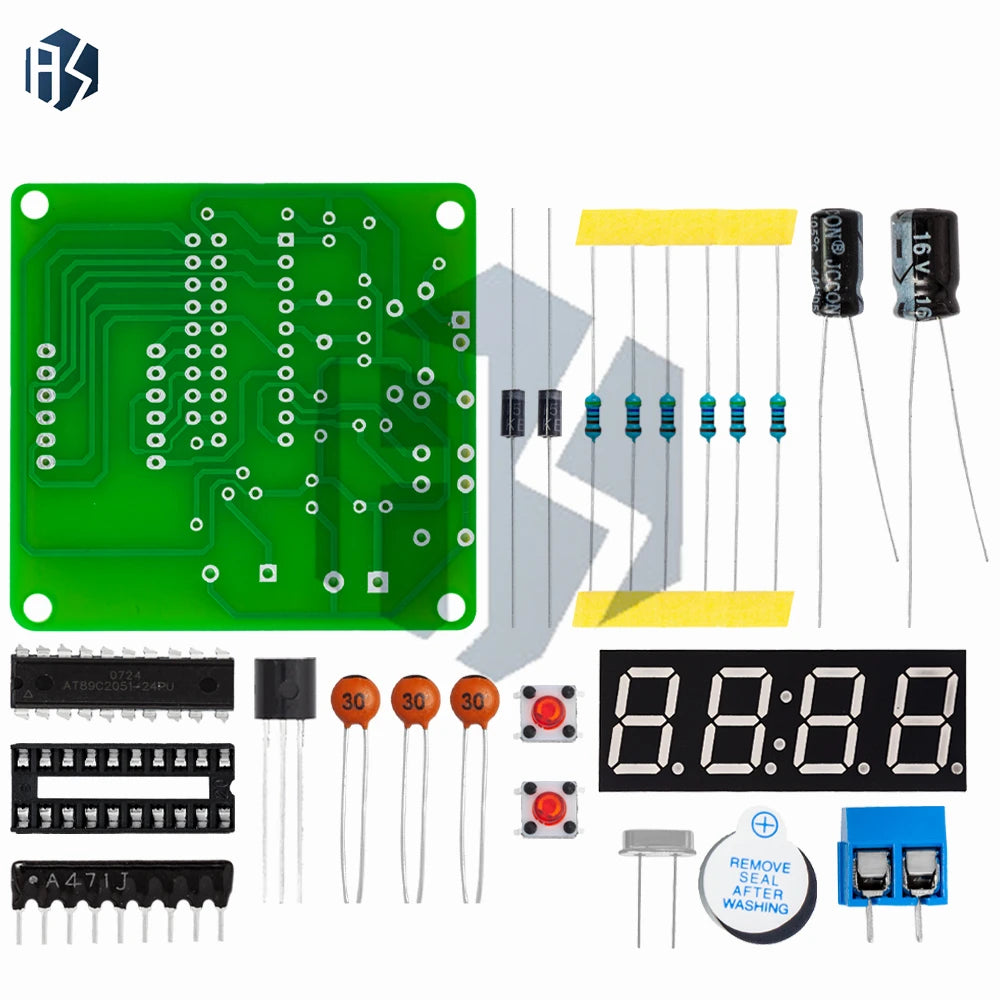 ‌AT89C2051-24PU 8051 Microcontroller LED Clock Kit – 4-Digit 7-Segment DIY Soldering Project with DS1307 RTC (I²C) | Alarm/Timer