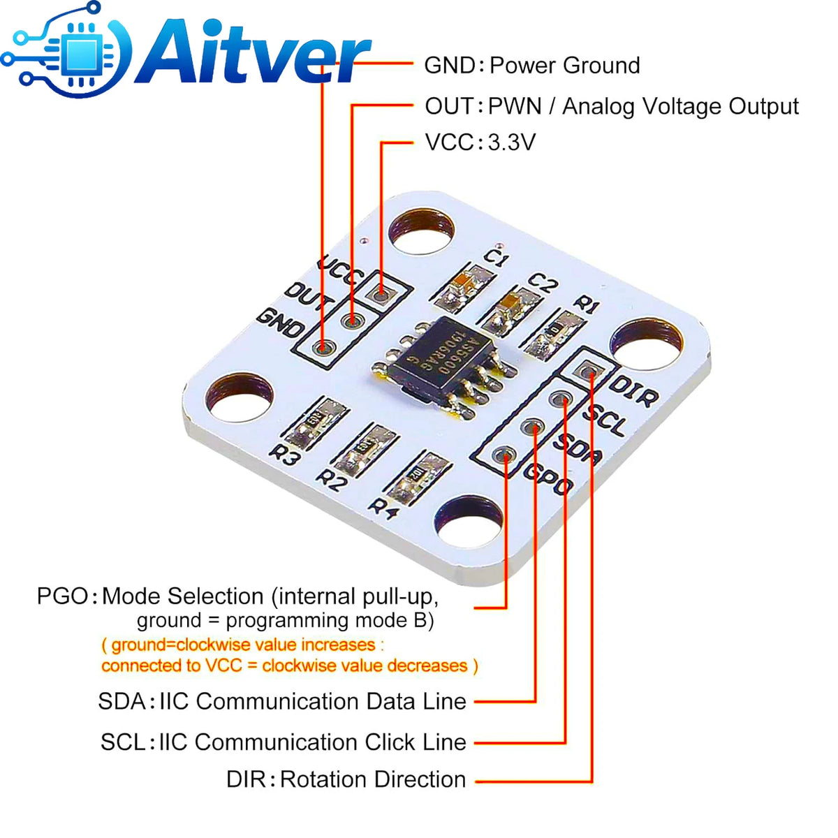AS5600 Magnetic Encoder 12-bit 3.3V High Precision Angle Measurement Sensor Module for Arduino Magnetic Induction