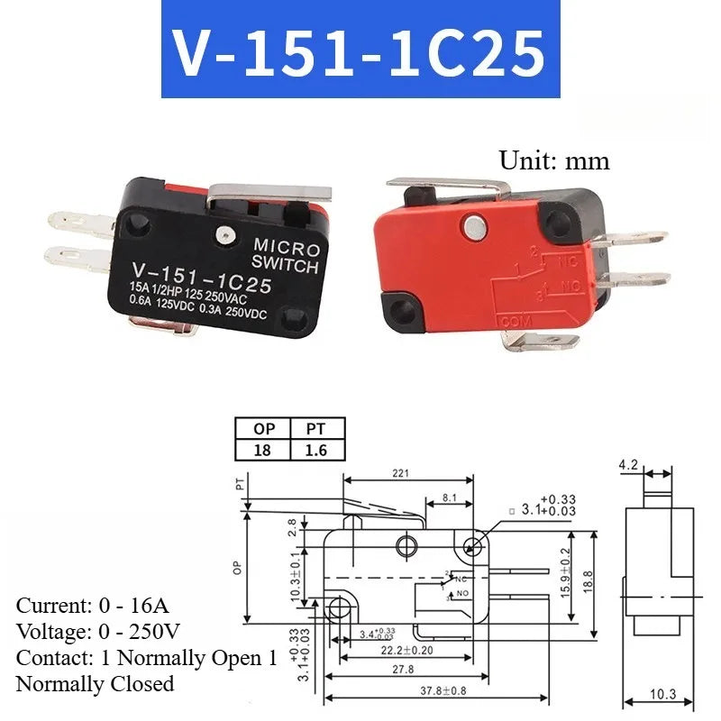 5pcs Travel Limit Switch Micro Switch Self-resetting V-152-1C25 3-pin Miniature Push Button Tactile Microswitch V-152 V-153 V-15