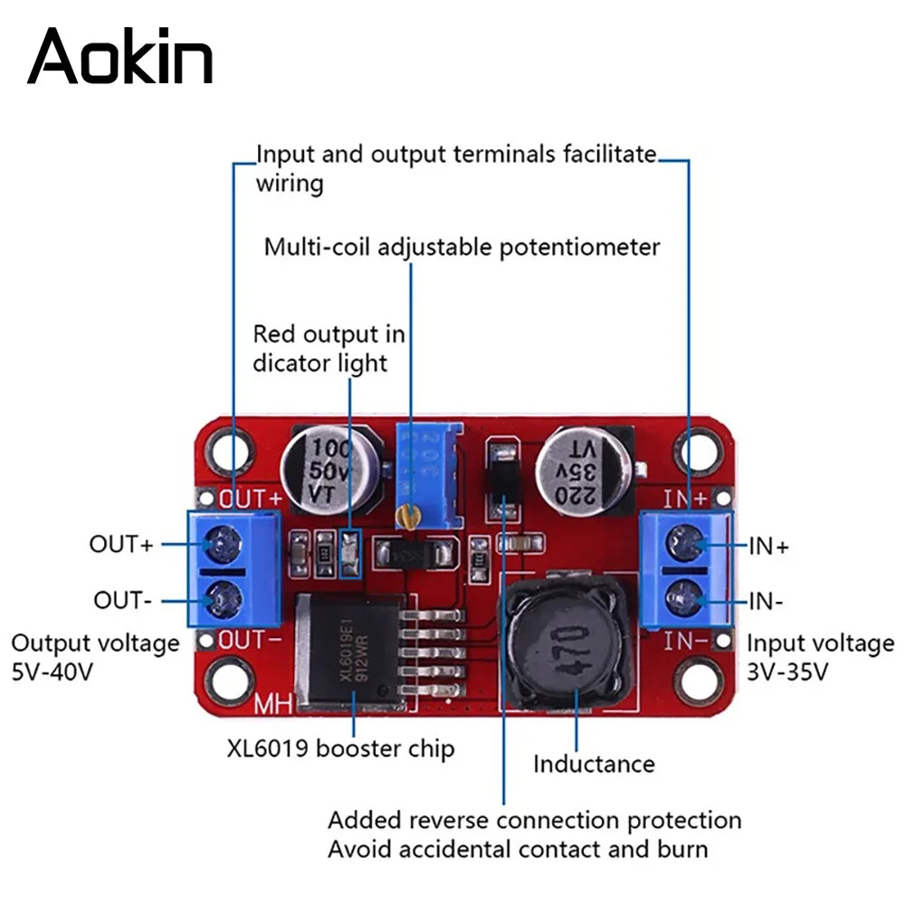 1/2/5PCS XL6019 5A DC-DC Step Up Power Module Boost Volt Converter 3.3V-35V To 5V 6V 9V 12V 24V
