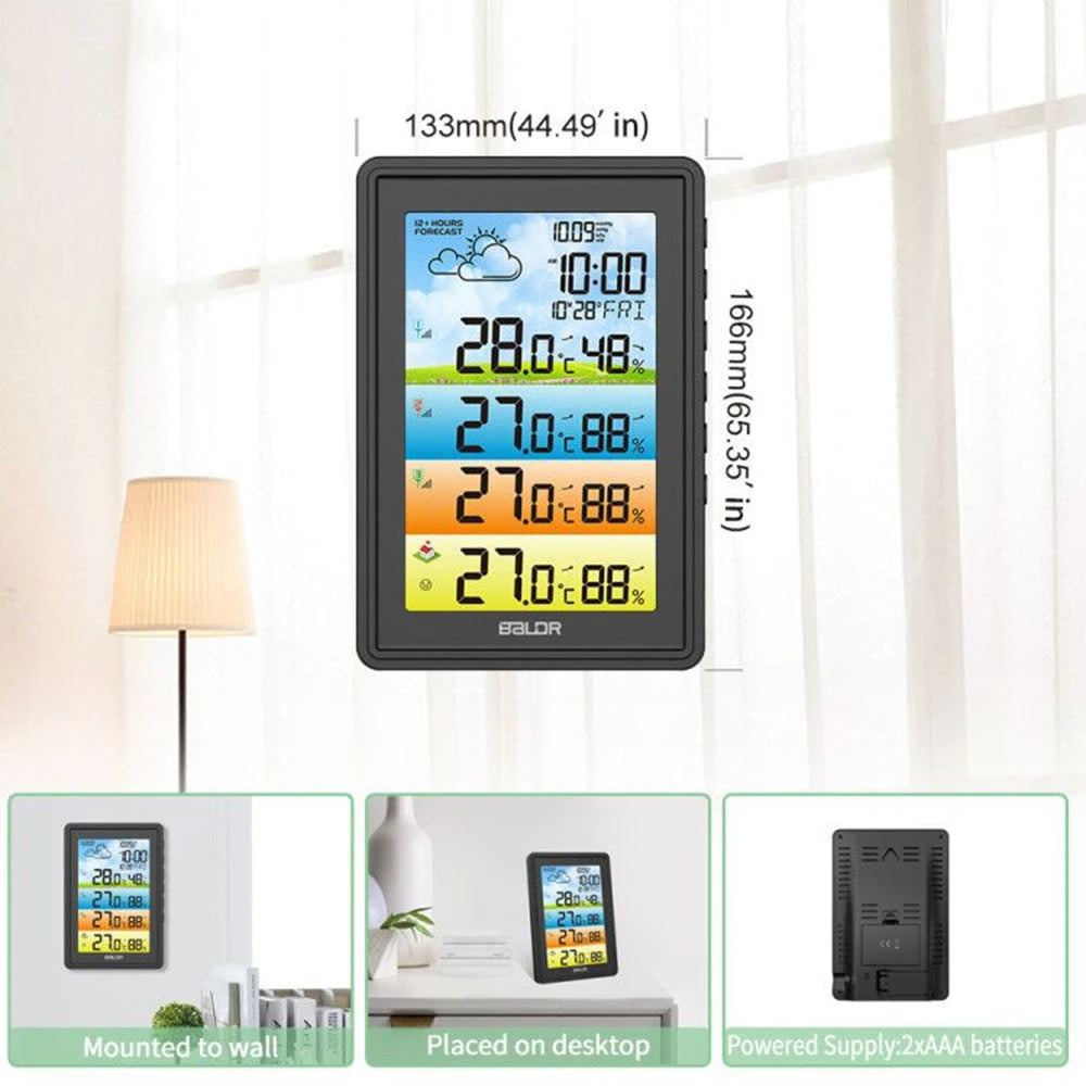 Baldr Wireless Digital Color Weather Station DCF Clock Calendar Barometer Thermometer Hygrometer Trend Forecast 3 Outdoor Sensor