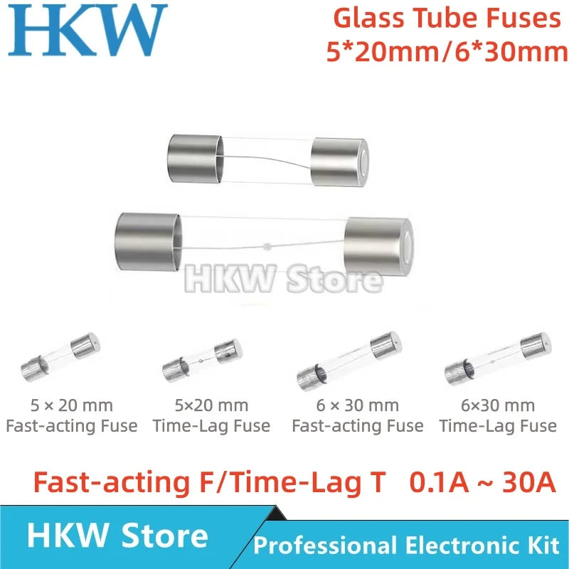 10/20pcs Glass Tube Fuse Slow Blow Fast Blow 5*20mm 6*30mm 0.1A~30A 0.2A 0.5A 1A 2A 3.15A 5A 6.3A 10A 15A 20A 25A 250V Fusibles