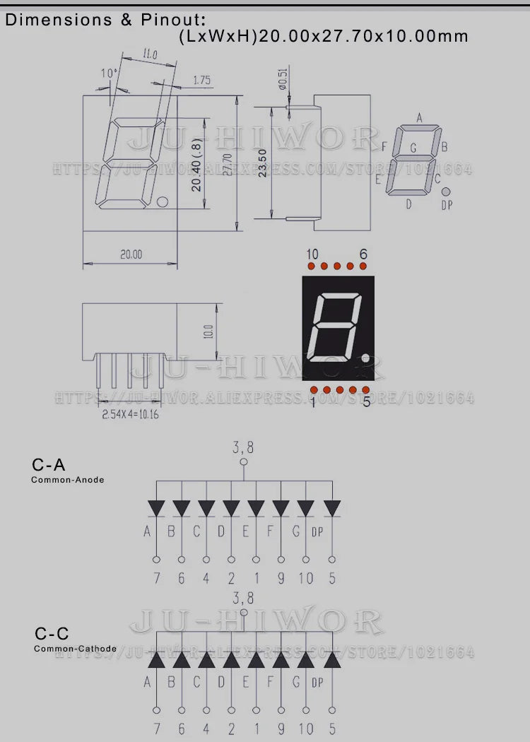 10pcs 10Pins 8106AW 8106BW 0.8 Inch 1 Digit Bits 7 Segment White LED Digital Display Digitron Common Anode Cathode C-A C-C