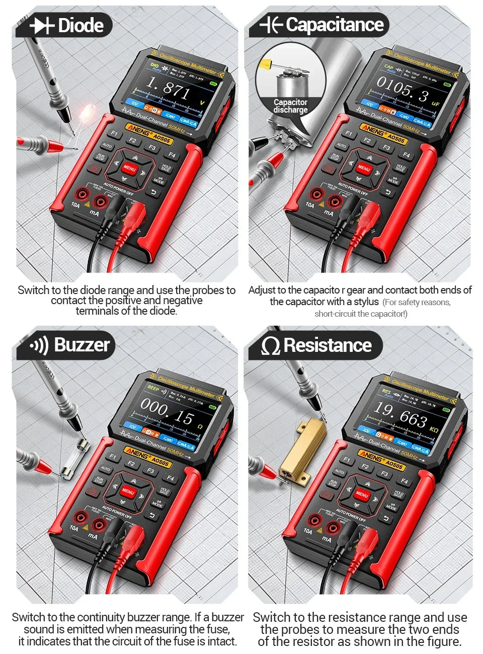 Dual-channel Oscilloscope Rechargeable 50MHz Bandwidth 200MSa/s Sampling Smart Automatic 3-in-1 Detector 25000 Count ANENG AOS05