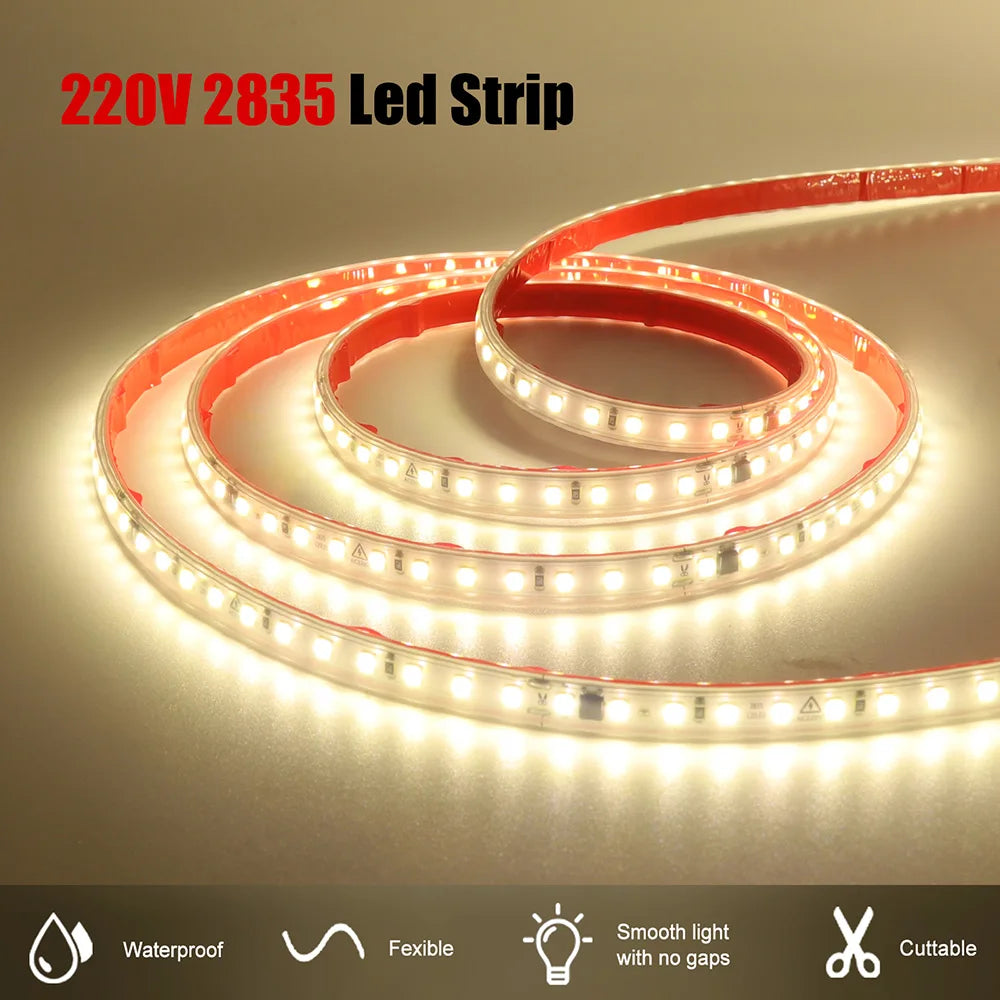 AC 2835 Led Strip Lights Dimmable 220V 230V 120 LEDs/m 0.5m 1m 2m 5m 10m 20m 50m Waterproof High Brightness Diode Tape Adhesive