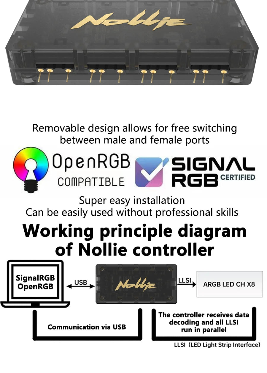 Nollie SignalRGB OpenRGB Universal Addressable 5V 3PIN ARGB Asynchronous Controller HUB For Computer PC Cooling Fans Light Strip