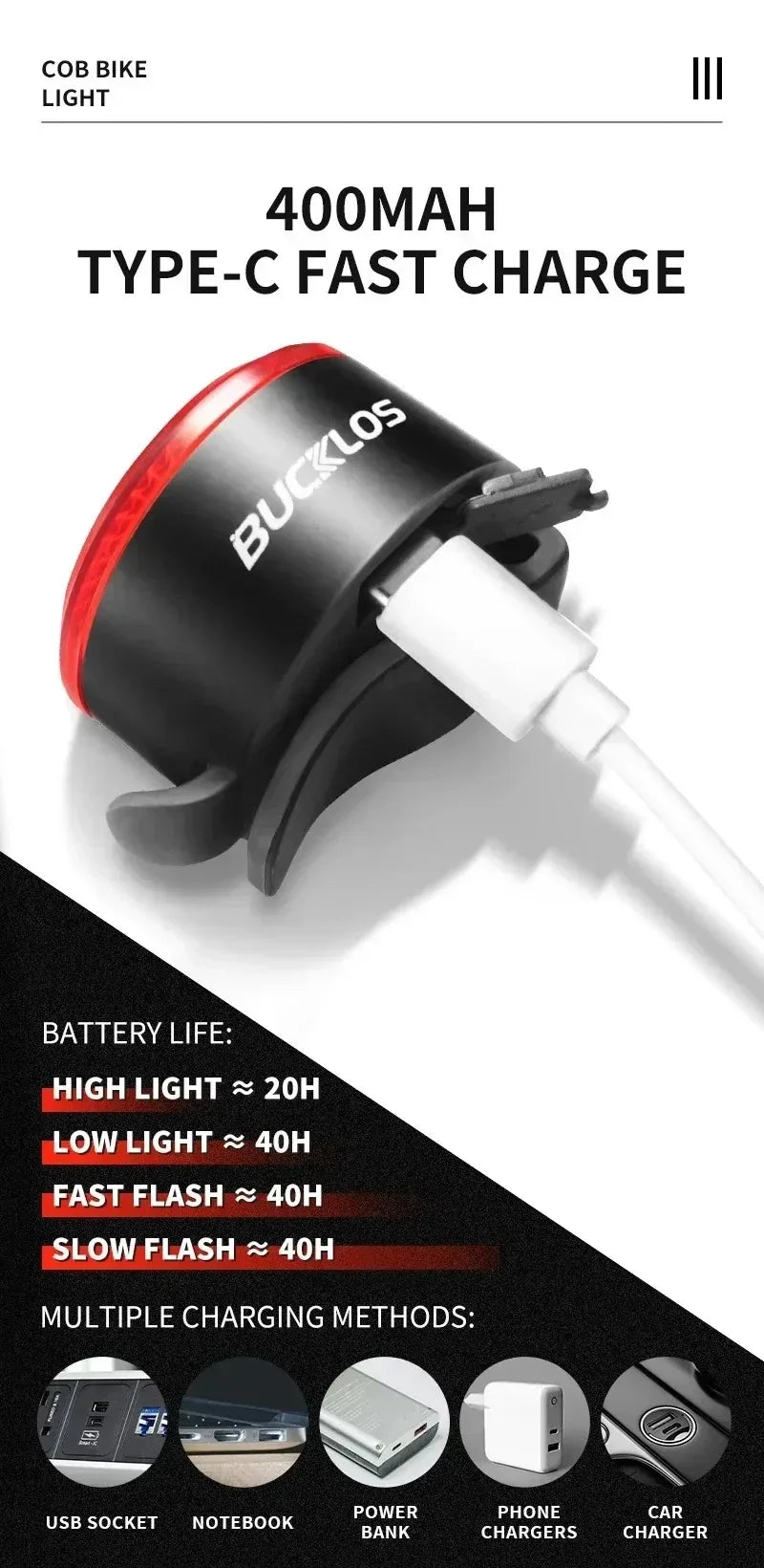 BUCKLOS Bicycle Rear Light Front Light 1100mAh LED COB Waterproof Bike Lamp USB Rechargeable Mtb Road Bike Taillights Bike Parts