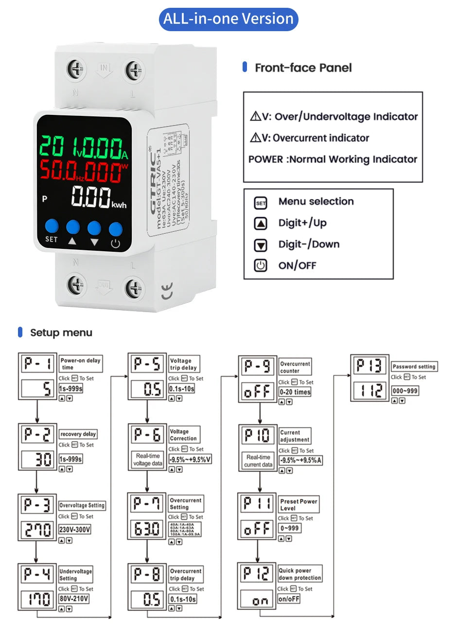 GTRIC Voltage Protection Relay Din Rail Over Under Voltage Protector 230VAC 40A 63A Adjustable Voltage Current Protection Device