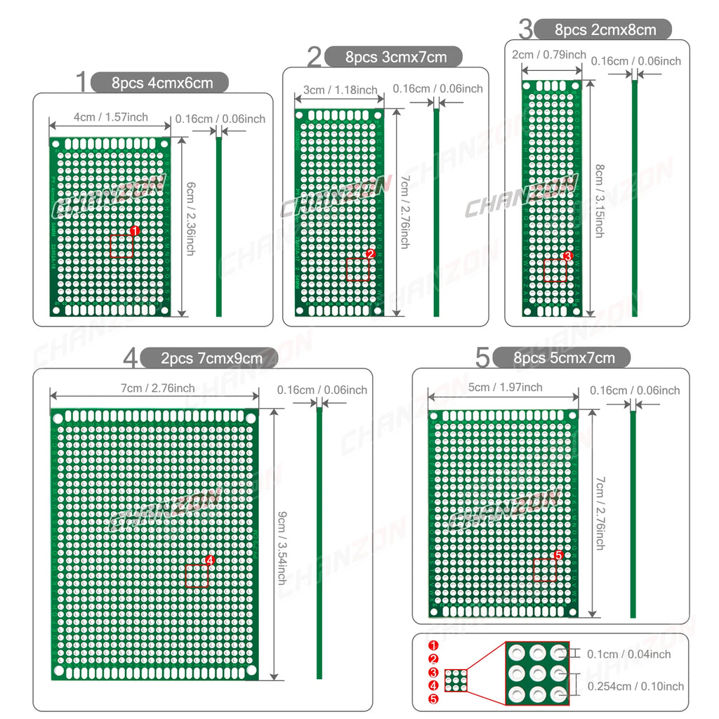 34 Pcs Double Sided PCB Board Tinned ( 2X8 3X7 4X6 5X7 7x9 cm ) Prototype Kit FR4 Printed Universal Circuit Perfboard for DIY