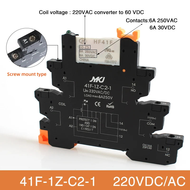 Din Rail Slim Relay Module 41F-1Z-C4-1 Integrated PCB Mount Power Relay With Relay Holder  Relay Socket 6.2mm