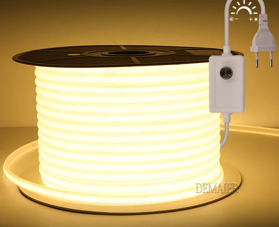 1M-50M 220V COB LED Strip Dimmable 360LEDs/m EU Plug Kitchen Home Room Decoration Flexible Ribbon for Outdoor Garden Lighting