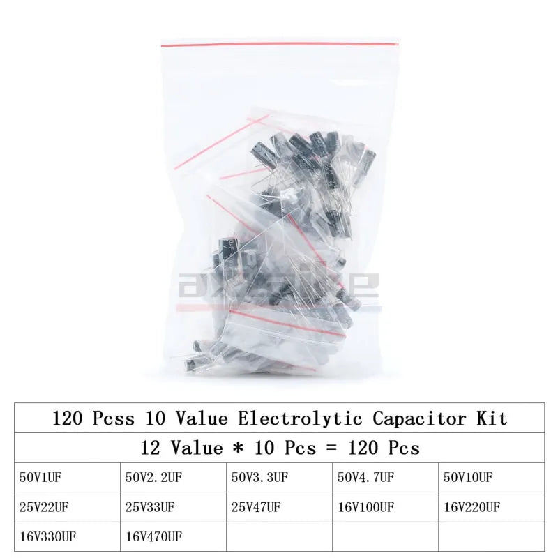 120/200/500Pcs 16V 25V 50V 0.1uF - 1000uF Aluminum Electrolytic Capacitor Assorted Kit Box 1uF 4.7uF 10uF 47uF 220uF 330uF 470uF