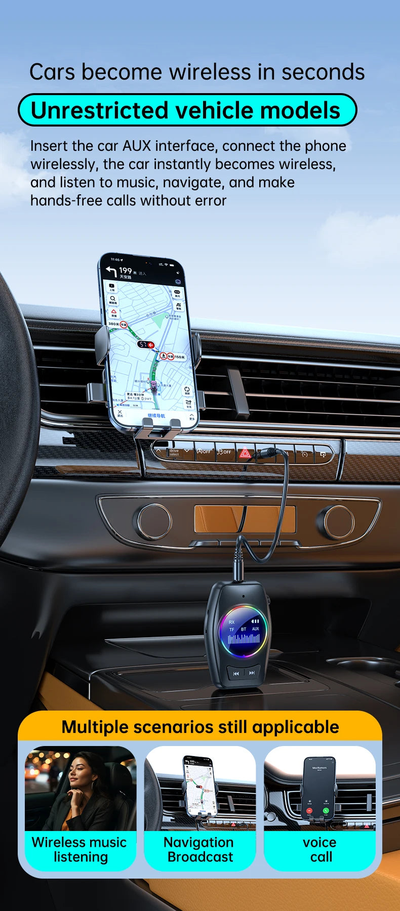 AUX Bluetooth 5.4 Audio Adapter Receiver Transmitter 4 in 1 With Display Screen Support TF Card For Car TV PC Speaker 3.5mm