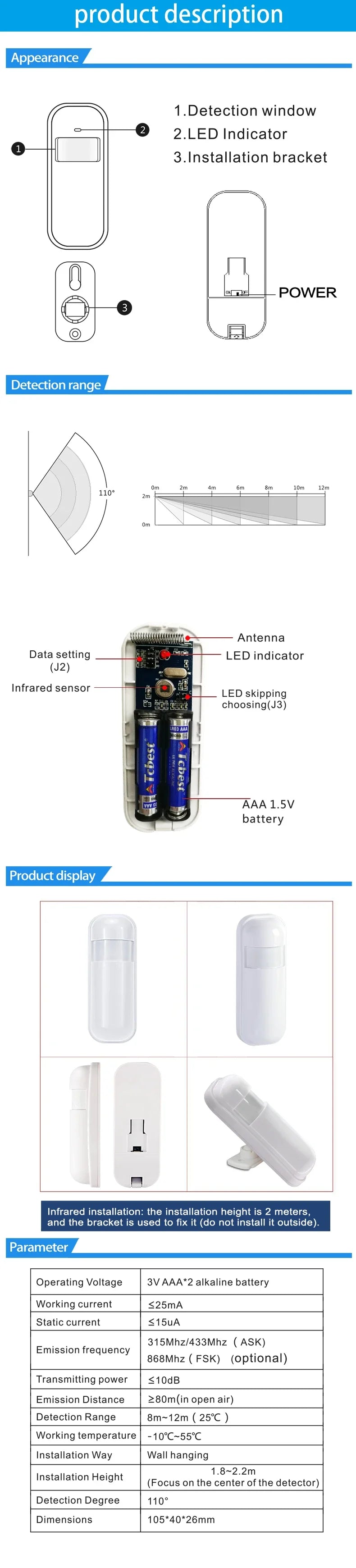 Wireless Infrared Motion Detector 433MHz EV1527 for Home Alarm System PIR Motion Sensor Detector， Home Wireless Motion Sensor