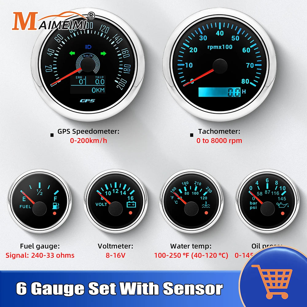 6 Gauge Set 85mm GPS Speedometer Tachometer 52mm Water Temp Fuel Voltmeter Oil Pressure Meter With 1/8 NPT Sensor For Boat Car