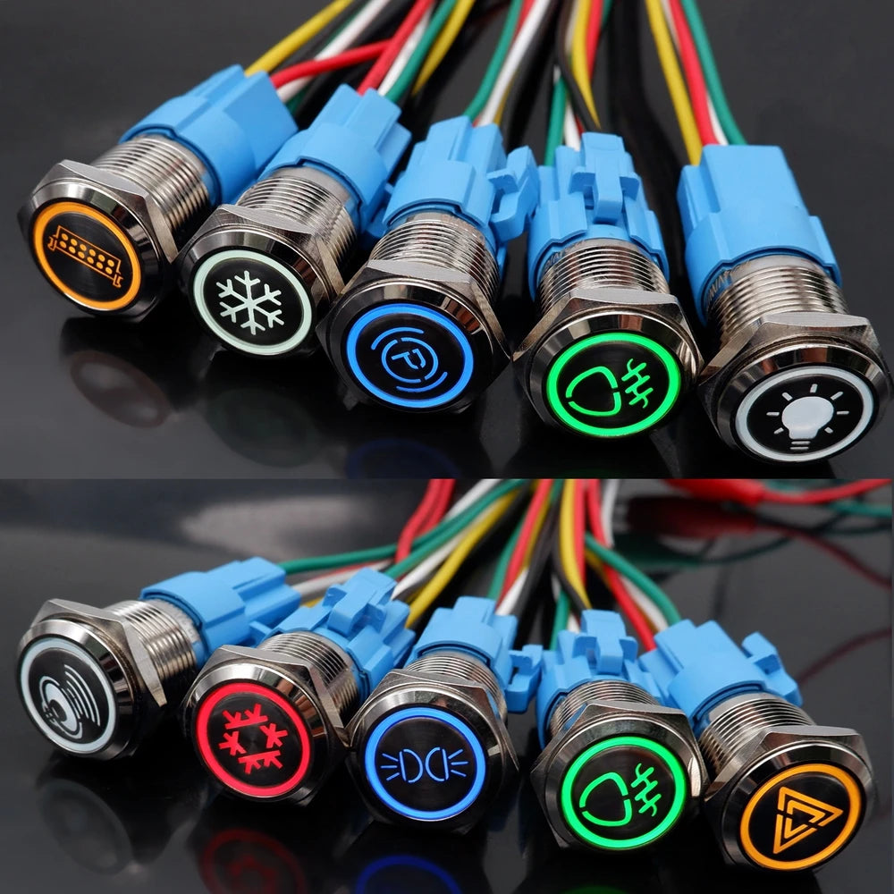 16/19/22mm Customized Metal Push Button Switch with Socket Start Stop For Car Boat Fog Black/Silver Waterproof LED Light 12V 24V