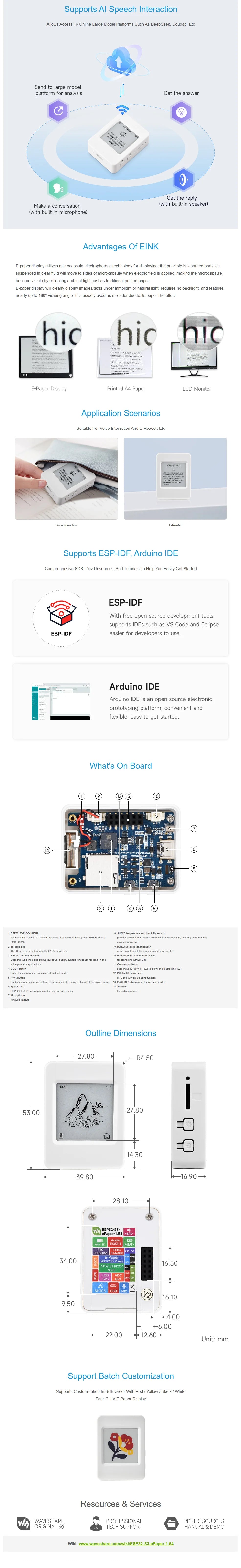 Waveshare ESP32-S3 1.54inch e-Paper AIoT Development Board, 200 × 200, Black / White, Supports Wi-Fi and BLE Dual-mode Communica