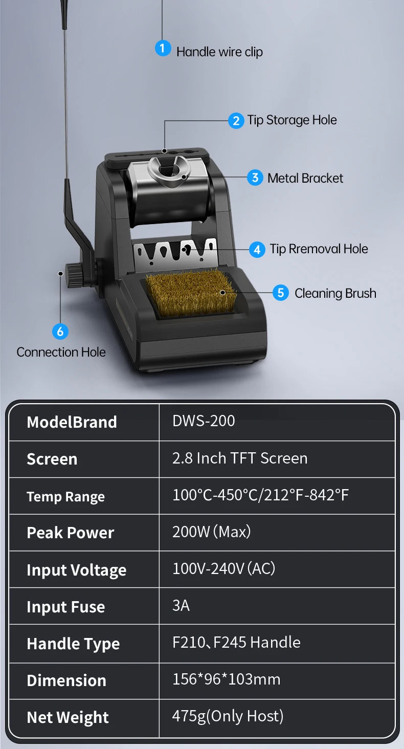FNIRSI DWS-200 200W Power Repaid Heating Soldering Iron Staion C210 C245 Solder Iron Handle Electronic Welding Rework Station