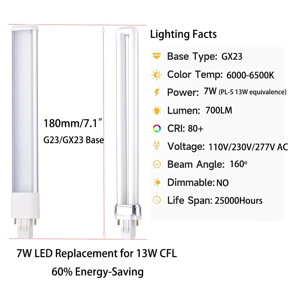 1pc G23 GX23 2Pin CFL PL-S 7W 9W 13W LED 5W 7W Sideview Horizontal Plugin Replacement 110V/220V Desk Table Reading PL Lamp Light