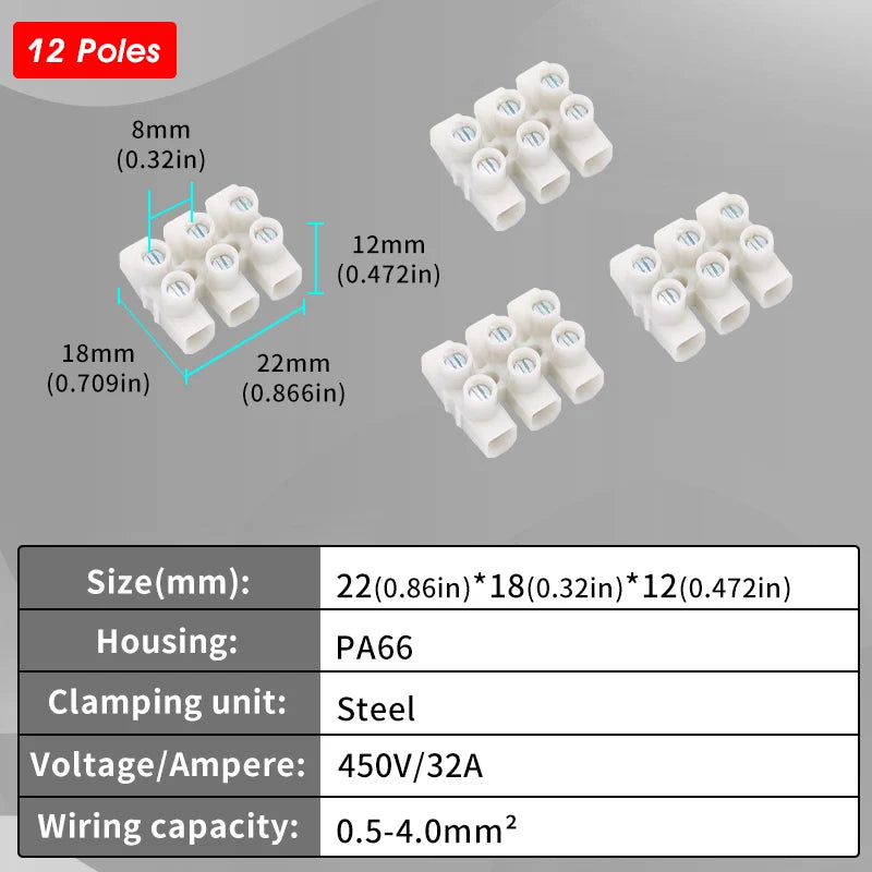 12 Position Barrier Screw Terminal Block 450V/32A PA66 Fire-Retardant Wire Connector 0.5-4mm² for Industrial Electrical Projects