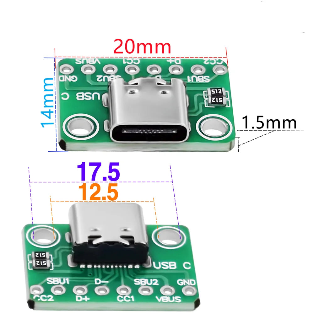 5/10Pcs TYPE-C USB Connector Board Dual Resistor 512 5.1K Ohm TypeC 16Pin to 8Pin Board for Electronics DIY Repair Adapter