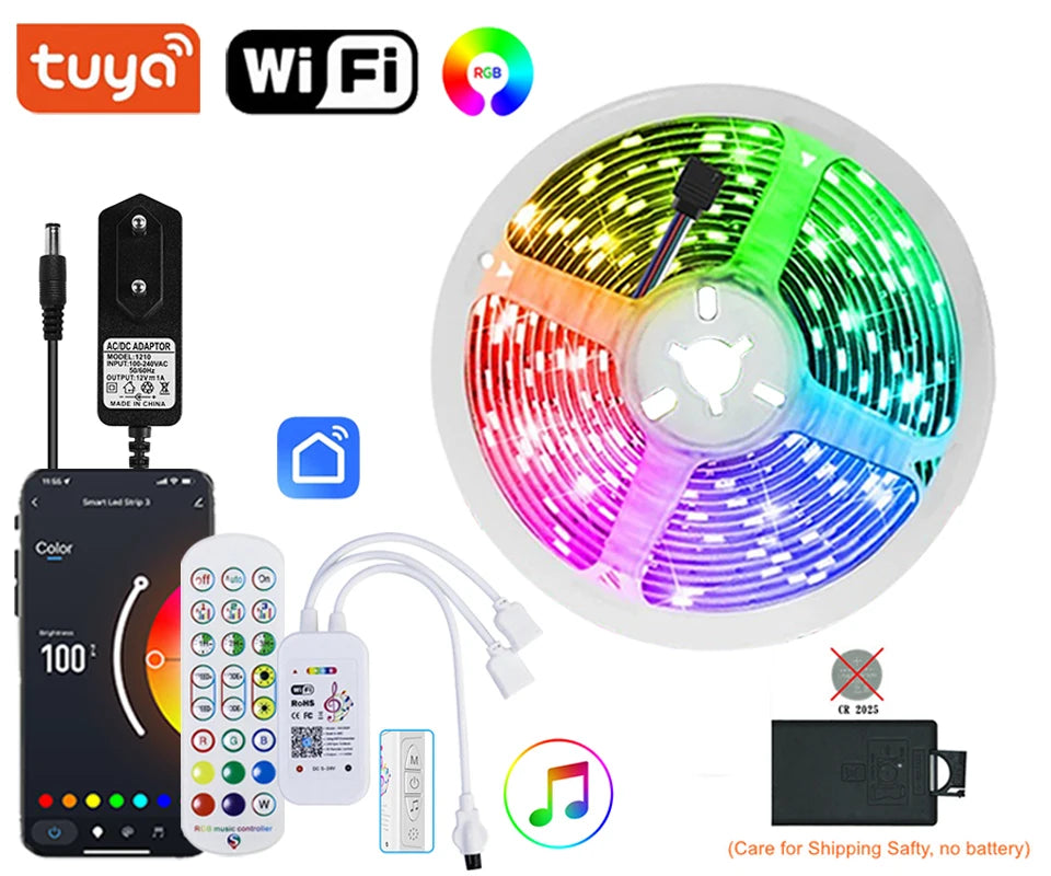30M 12V WiFi Bluetooth RGB LED Strip Lights 5050 with Ac100-240V Adapter APP Control Music Sync Remote for Bedroom Kitchen Party