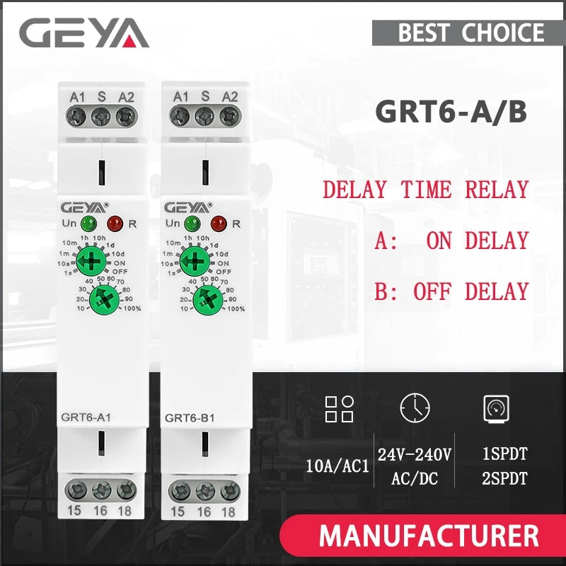 GEYA Delay Time Relay Electronic Type 10A AC230V OR AC/DC24V-240V Time Relay 24V 220V GRT6-A/B