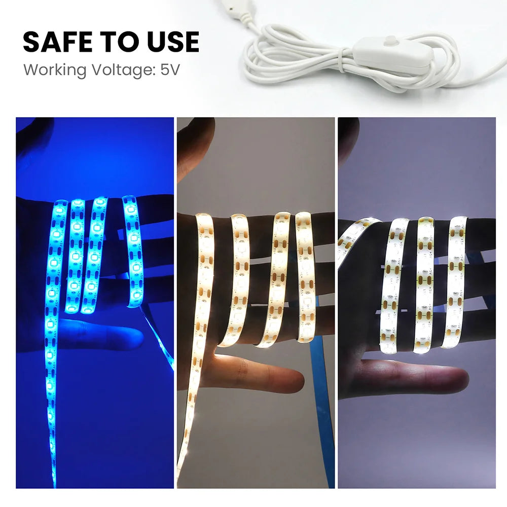 5V USB 2835 LED Strip Light with DC Plug 3528 SMD Flexible Led Tape Ribbon 60LED 0.5m 1m 2m 5m Cabinet Lights Night TV Backlight