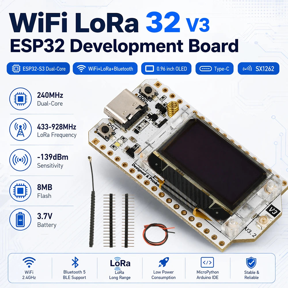 WiFi LoRa 32 V3 ESP32-S3 LoRa Module SX1262 863-928MHz 0.96 Inch CP2102 Type-C USB Bluetooth 5 Low Power IoT Board with Spring Antenna
