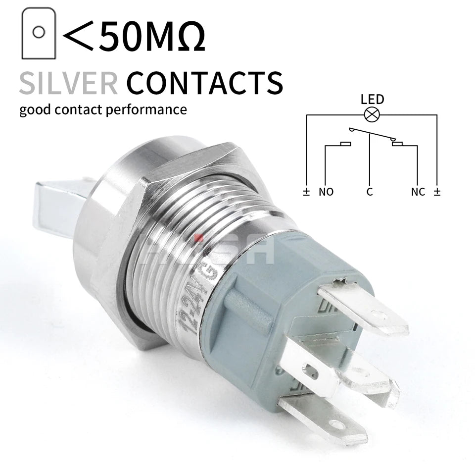 16MM  Self-locking ON-OFF Slide Power High Current Metal Toggle Switch Waterproof Push Button 2 Positions 1NO1NC Illuminated Led