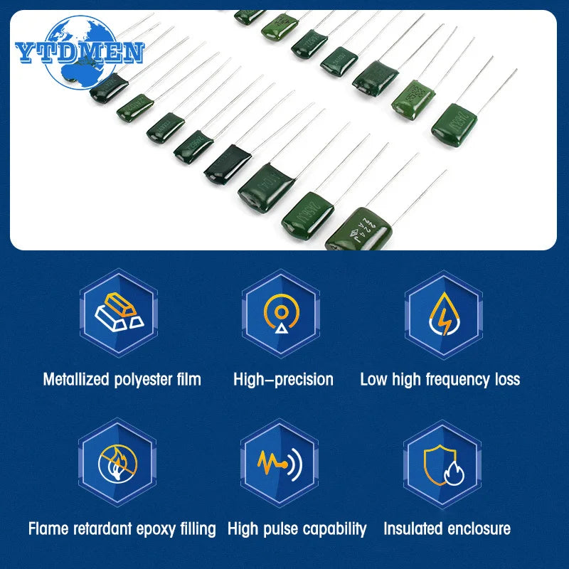 180PCS 100V Polyester Film Capacitor Assortment Kit 2A102J-2A822J 18Values *10pcs 102 222 472 103 223 1NF 2.2NF 10NF 100NF 0.1UF