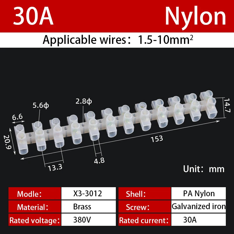 12 Position Barrier Screw X3-1012 Nylon Plastic Terminal Block 20A Transparent White Copper 380V Wire Connector Dual Row