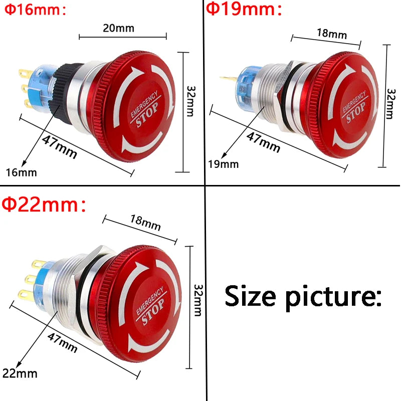 1pc 16mm 19mm 22mm Waterproof Metal Latching Emergency STOP Mushroom Push Button Switch Button Switch Knob Rotary Switch