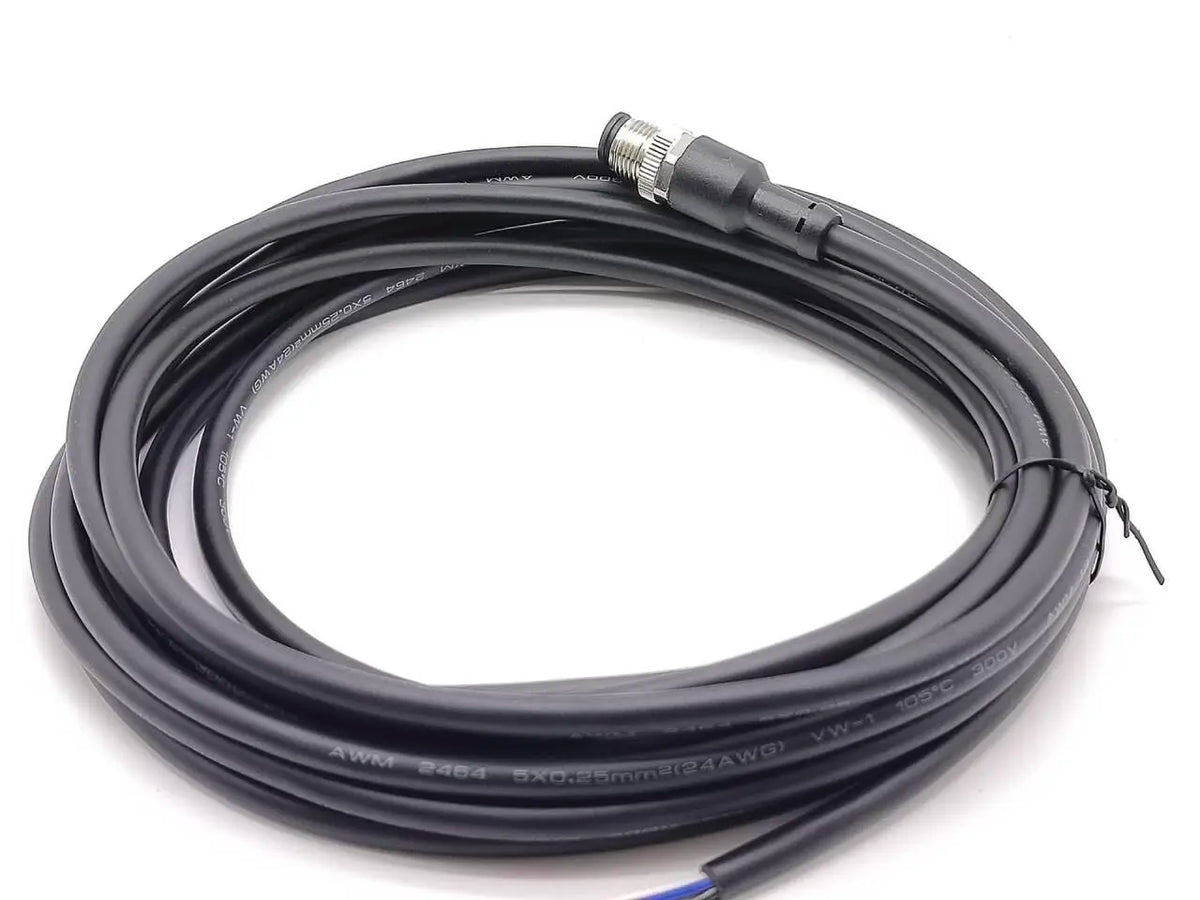 M12 5-Pin Male A-Code Straight Connector Cable, 5M Length, 22 AWG, Molded Ethernet Extension Cord