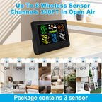 Wireless Weather Station with 3 Sensors 8 Channels 100m Range Indoor/Outdoor Thermometer Hygrometer Alarm Clock for Home Office