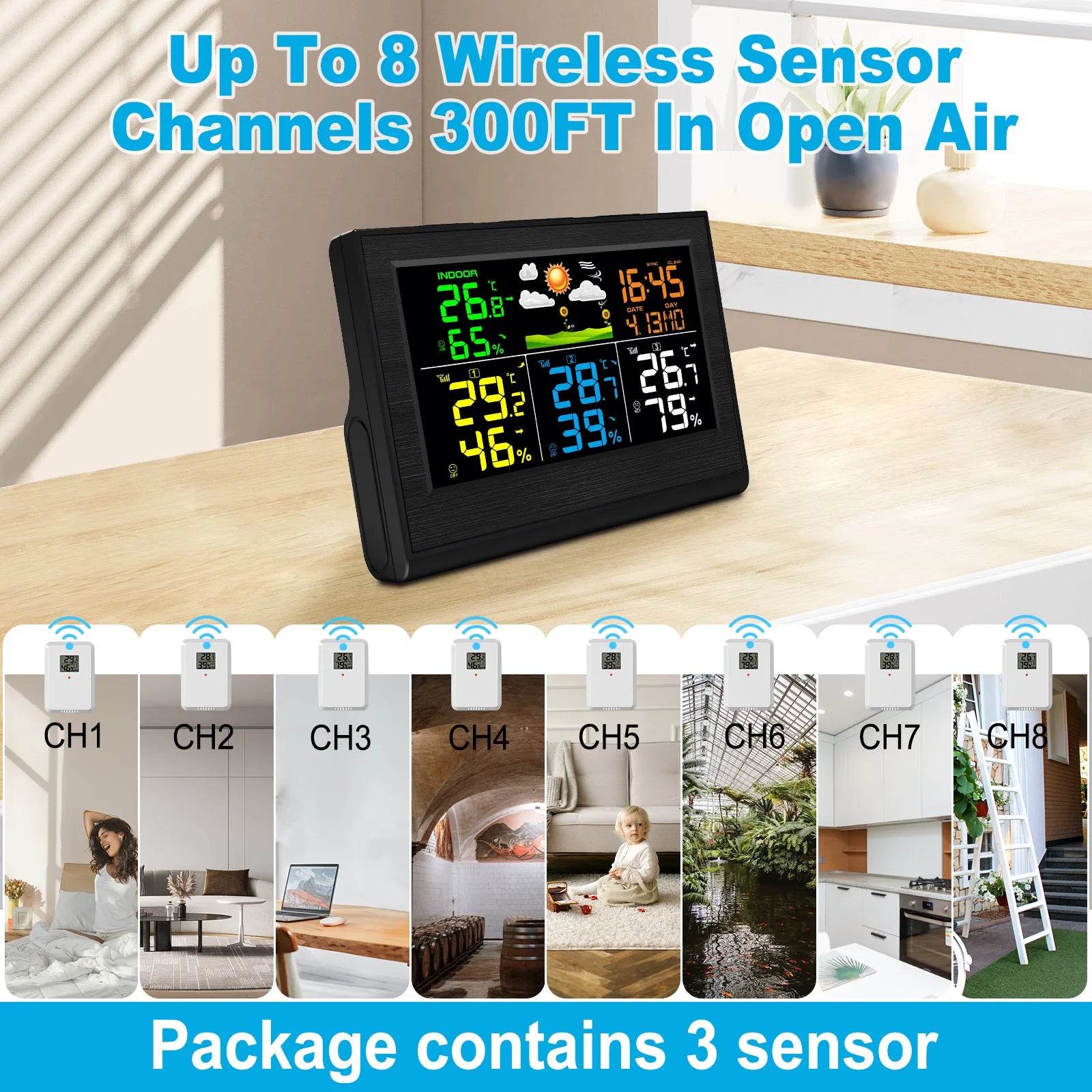 Wireless Weather Station with 3 Sensors 8 Channels 100m Range Indoor/Outdoor Thermometer Hygrometer Alarm Clock for Home Office