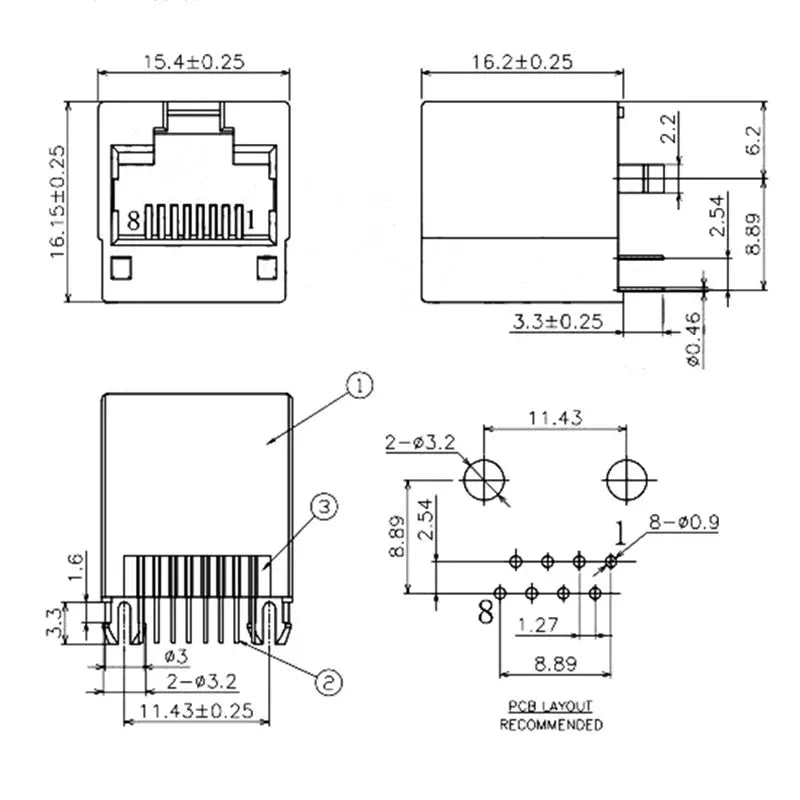 10pcs RJ45 Socket 5224-8P8C Network Cable Crystal Head Jack 180-degree Straight Female Sockets Shielded Network Port with Light