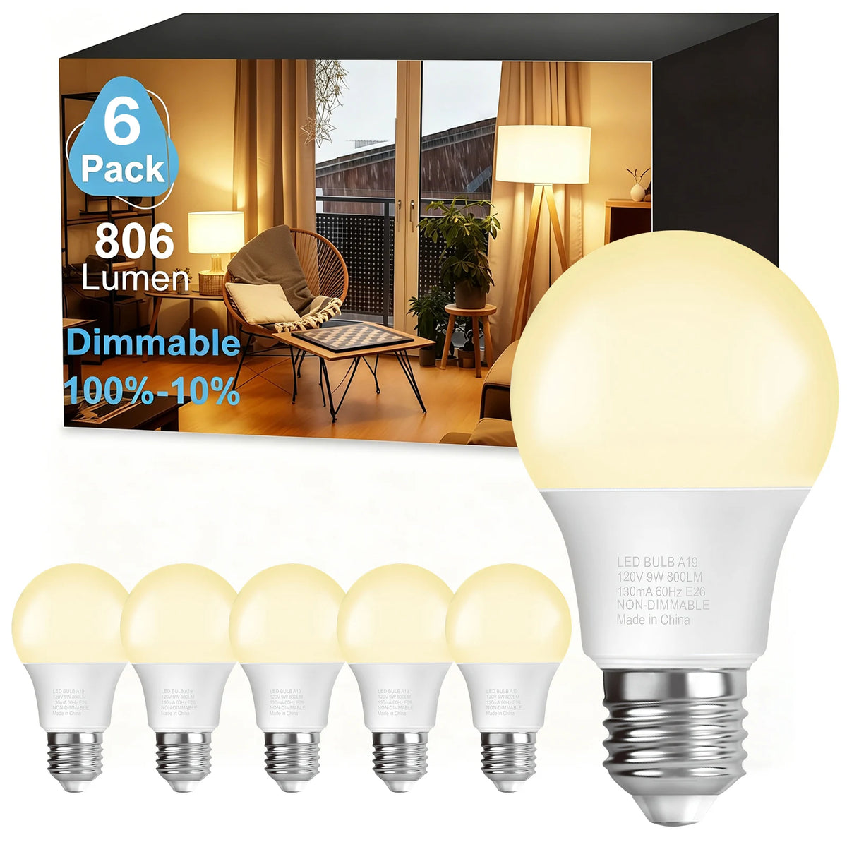 6/12/24 Pack Warm White 3000K A19 E26 LED Bulb, 60 Watt Equivalent, 800 LM, 80+CRI, E26 Head, Efficient 9W White LED Bulb for  bedrooms, living rooms ， kitchens，