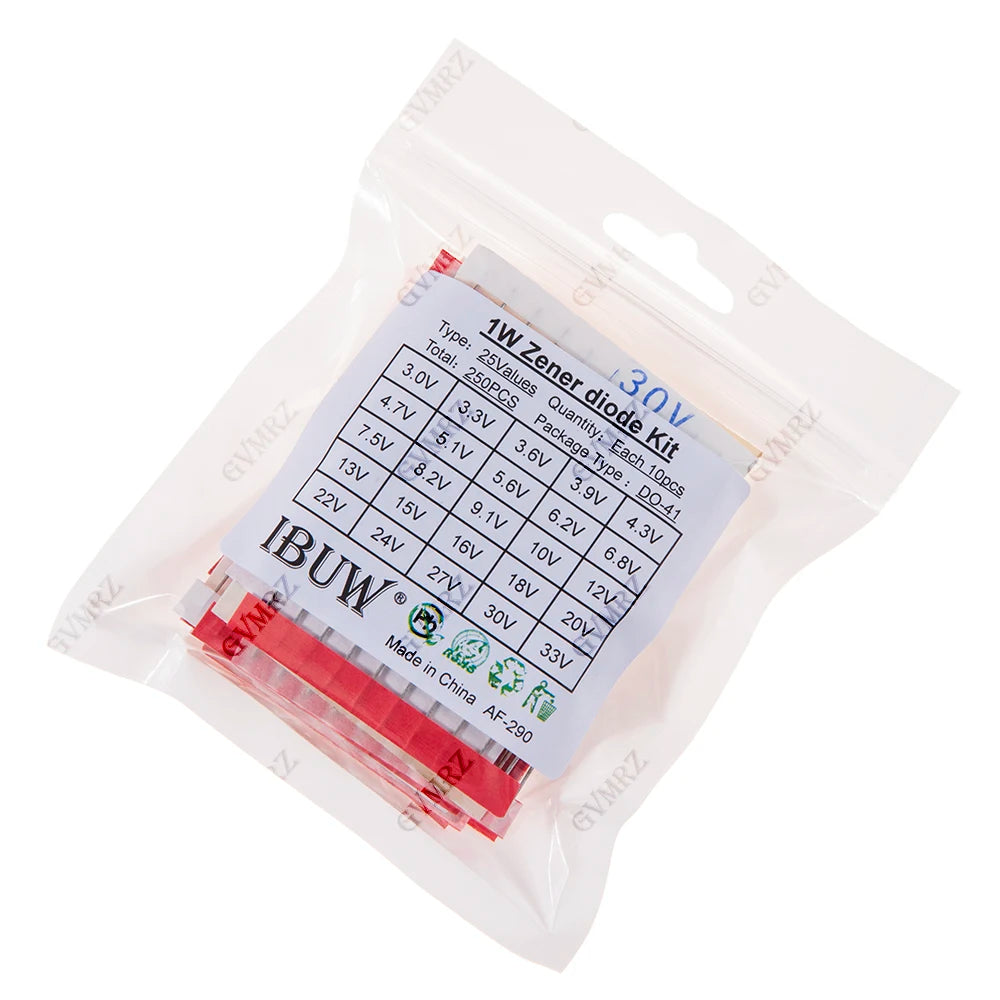 250PCS 25Values 1W Zener Diode Kit 3.0V-33V DO-41 for Voltage Regulation Electronic Projects 3.3V 3.6V 3.9V 27V 30V 33V