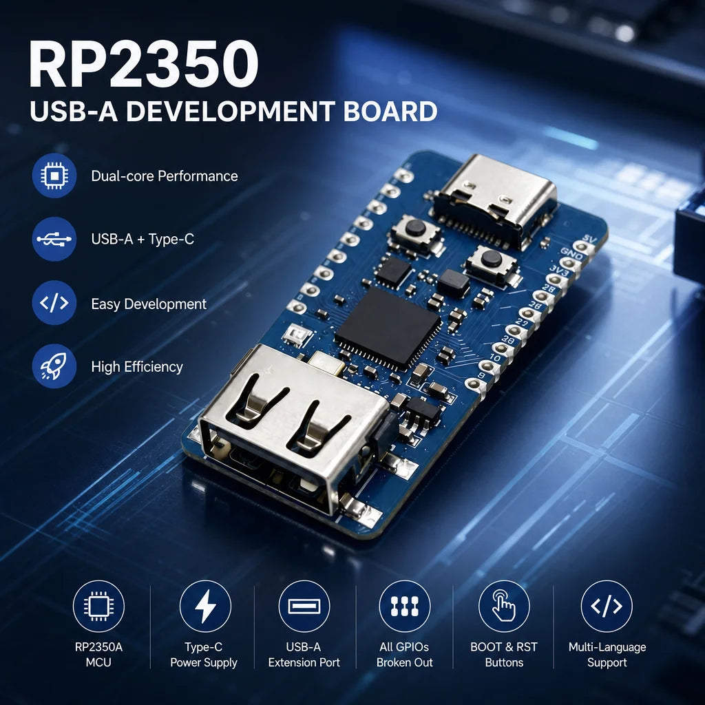 RP2350A Microcontroller Development Board TYPE C Power Supply With USB A Port Half Hole Design W25Q16 Flash Full GPIO Breakout
