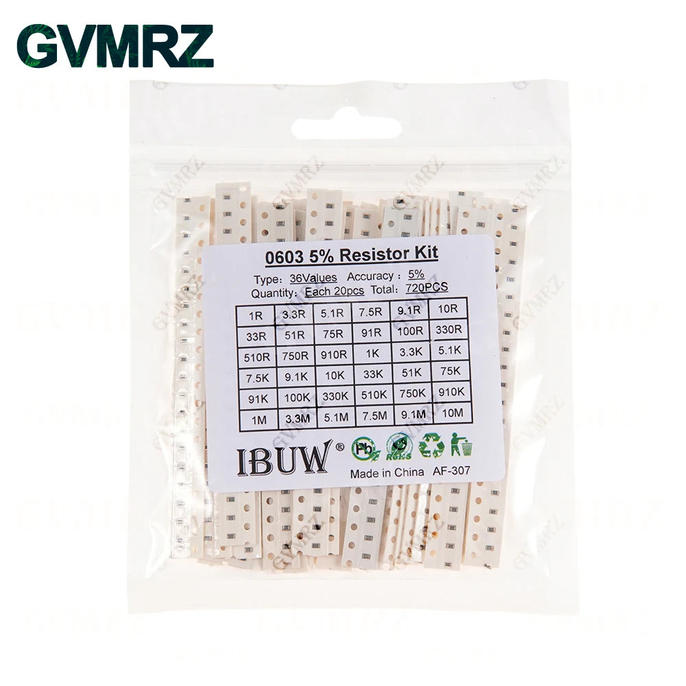 0201 0402 0603 0805 1206 1% 5% SMD Resistor Assorted Kit 1R-1M 10K 100K 1K 100R Resistance Set DIY