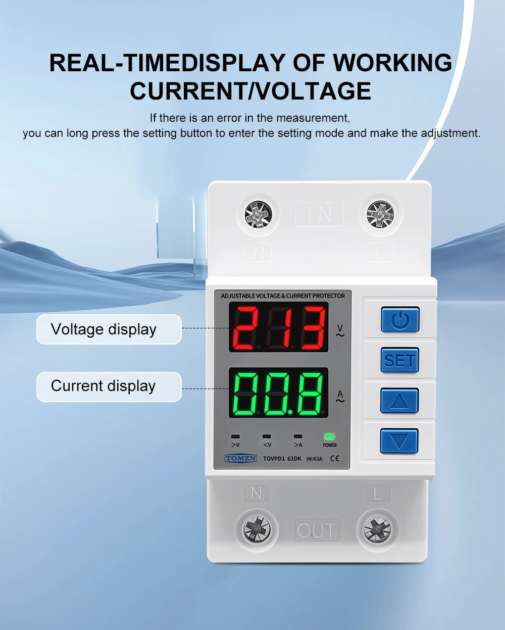 TOMZN TOVPD1-63DK Isolate L N 110V 230V AC Din Rail OVP OCP UVP Voltage Protector 63A Relay Automatic Adjustable Delay-ON