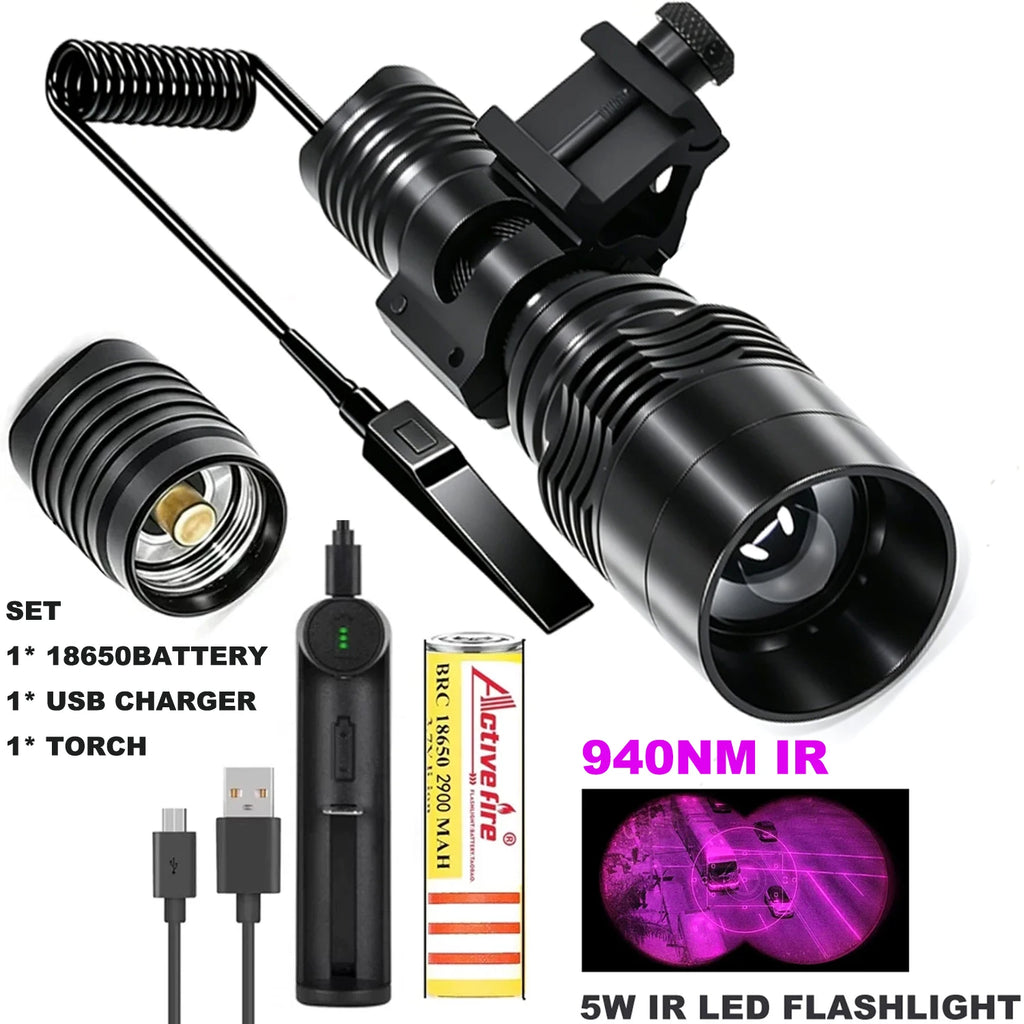 IR Hunting Flashlight 10W Infrared Radiation IR 850nm/940nm Torch Night Vision Zoomable Focus Lantern+18650+Charger+Switch+Mount