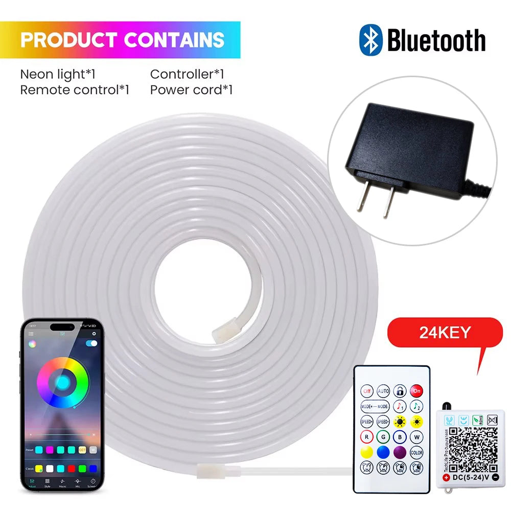 EU Plug DC24V 3535 RGB Neon LED Strip 5/10/15/20/30M Bluetooth Music Sync Waterproof Neon Rope Light for Indoor Outdoor Decor