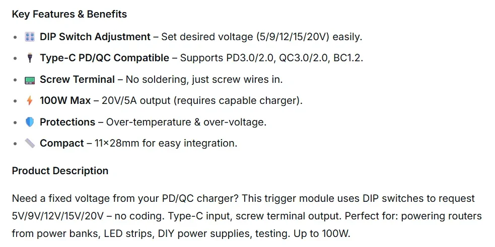 USB-C PD QC Decoy Trigger Board 5V-20V Fast Charging Test Module DIP Switch Adjustable 100W for Power Supply LED Strip Camera