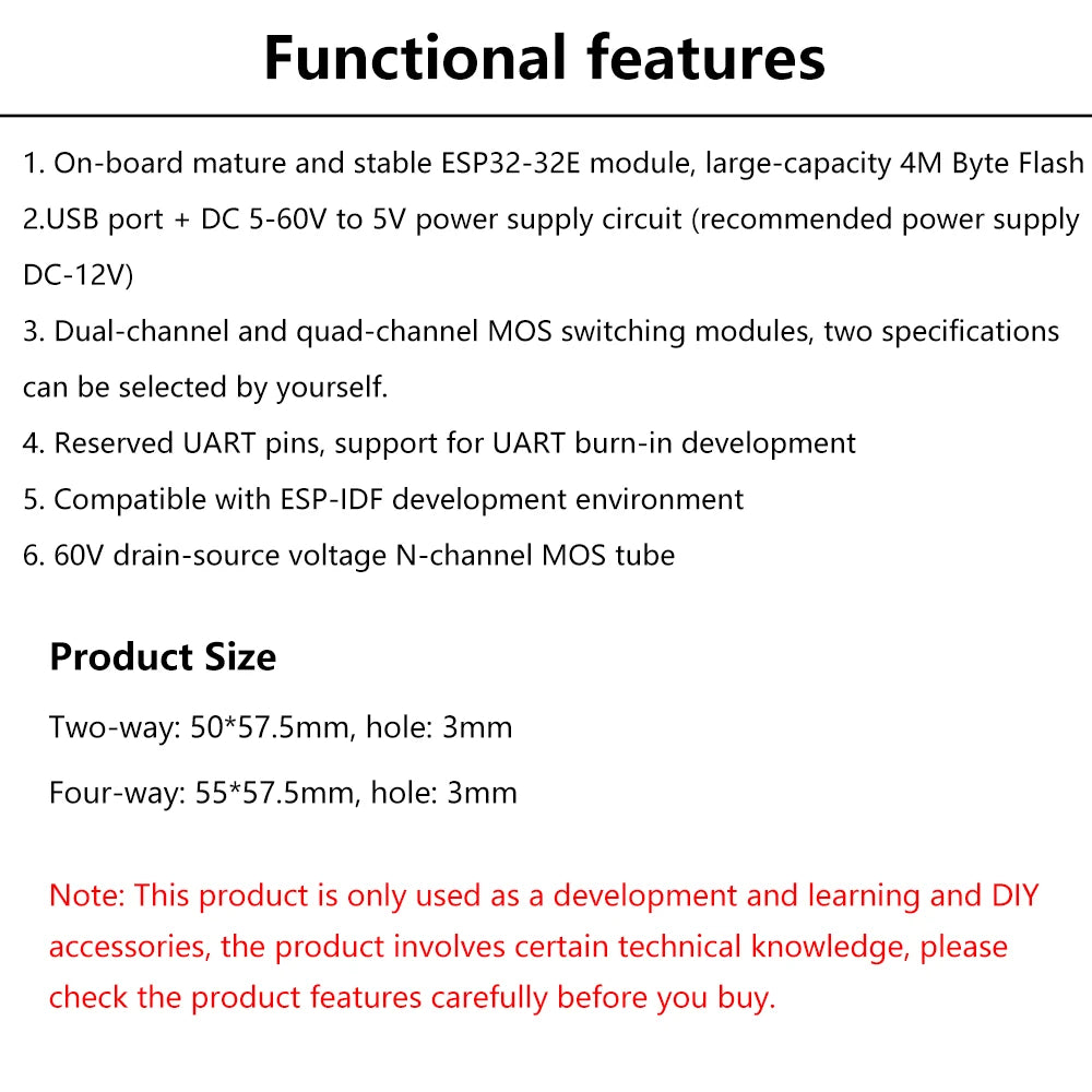 DC 5-60V 2/4 Way Mos Switch Module On-Board Esp32-32E Module Wifi Bluetooth ESP Development Board Type C